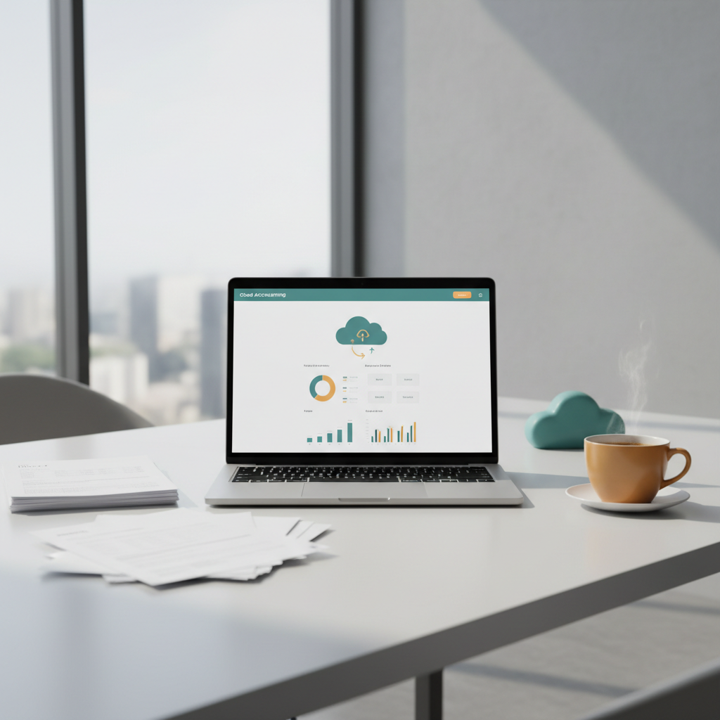 Laptop on a UAE office desk showing a cloud VAT accounting dashboard with invoices and coffee