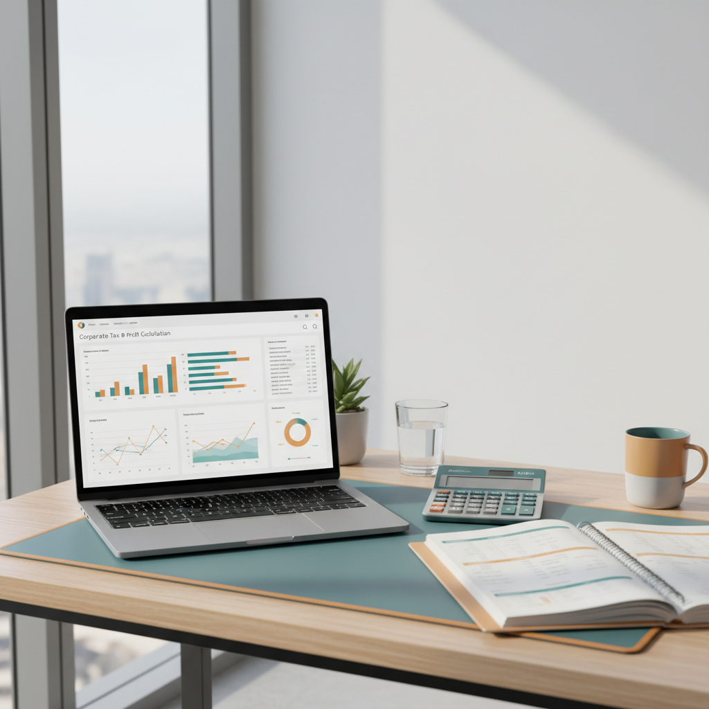 UAE office desk with a laptop showing a corporate tax profit calculation dashboard next to financial statements and a calculator