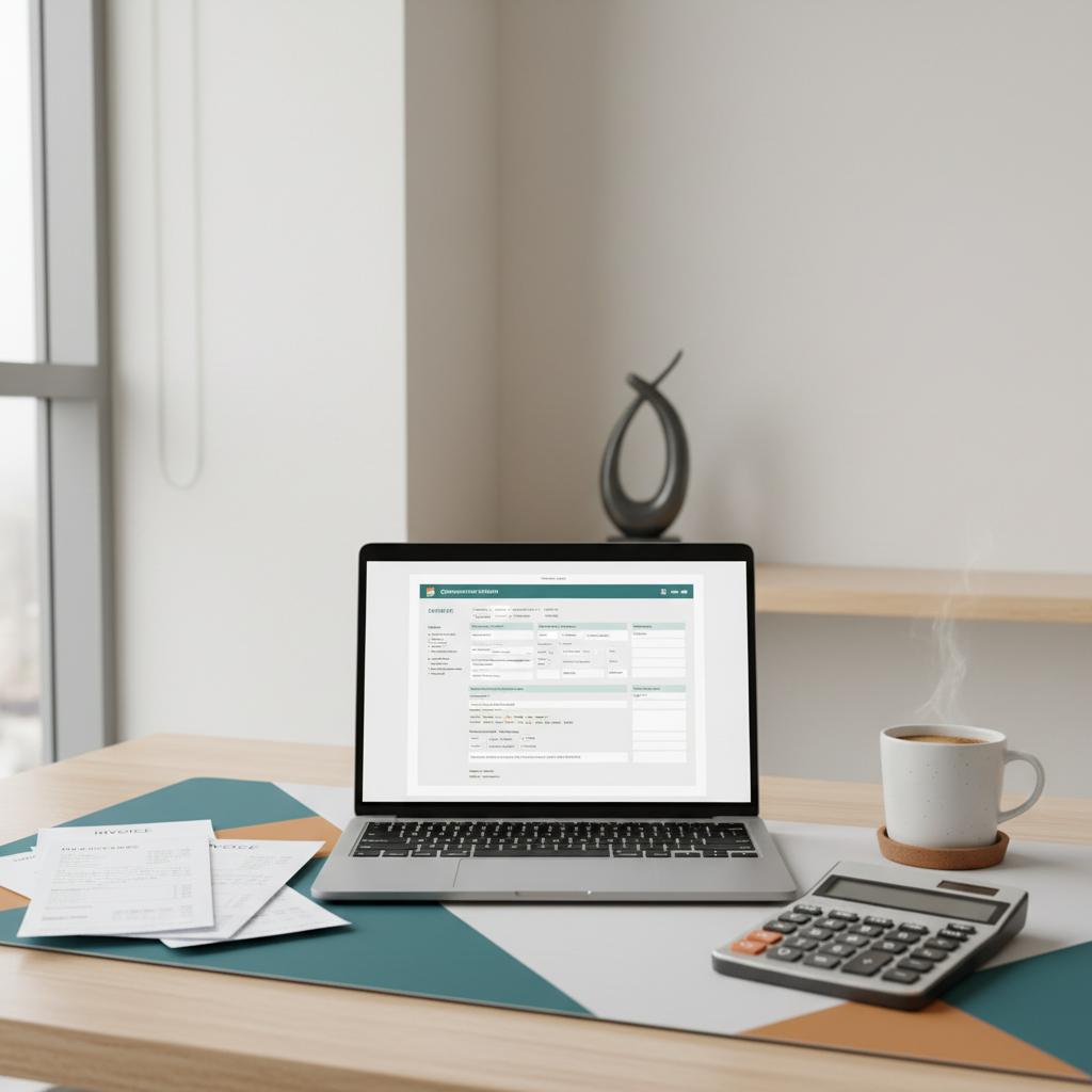 UAE office desk with a laptop showing a government tax return form, invoices, and a calculator