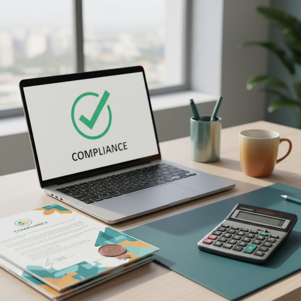 UAE office desk with a laptop showing a verified VAT compliance screen, documents, and a calculator