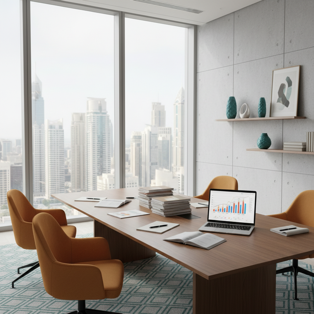 Modern UAE tax advisory office with a meeting table, financial documents and a laptop showing VAT reports against a city skyline