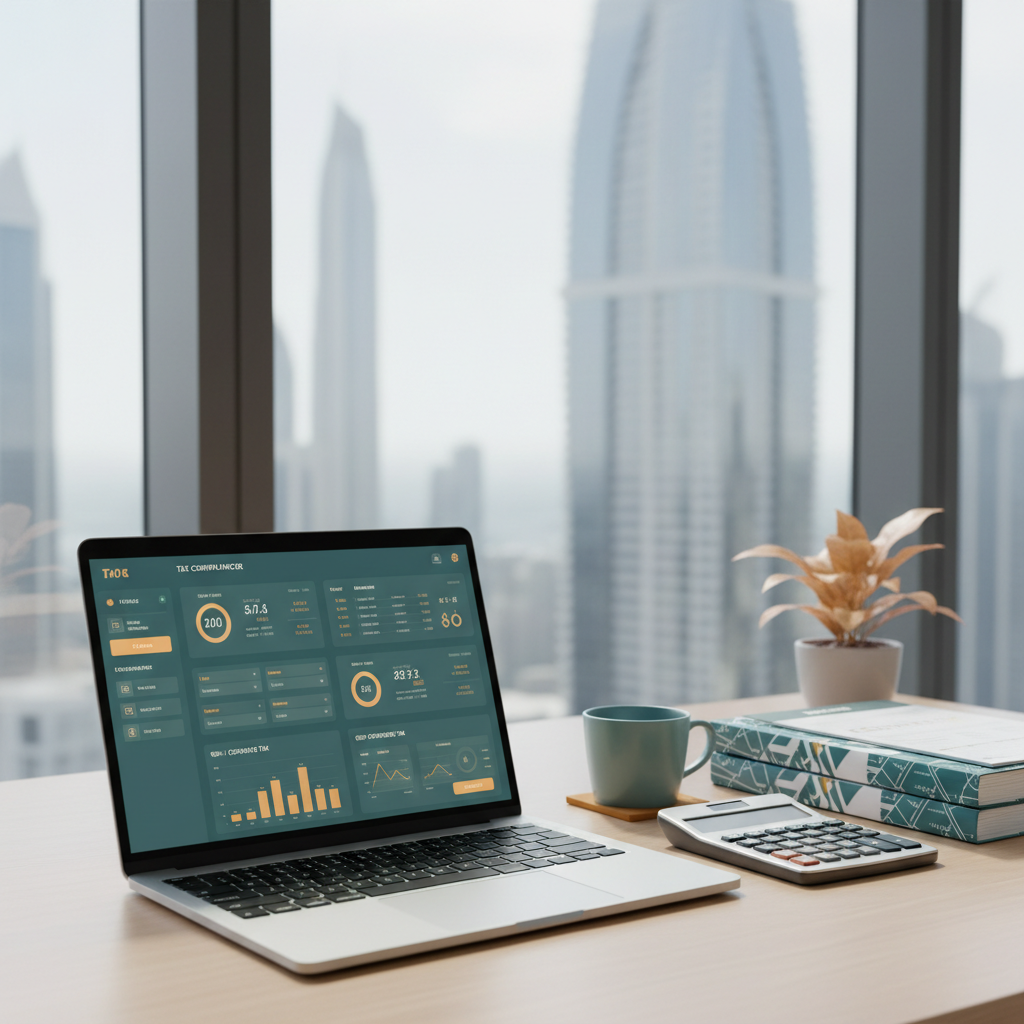 UAE office desk with a laptop showing VAT and corporate tax compliance dashboards