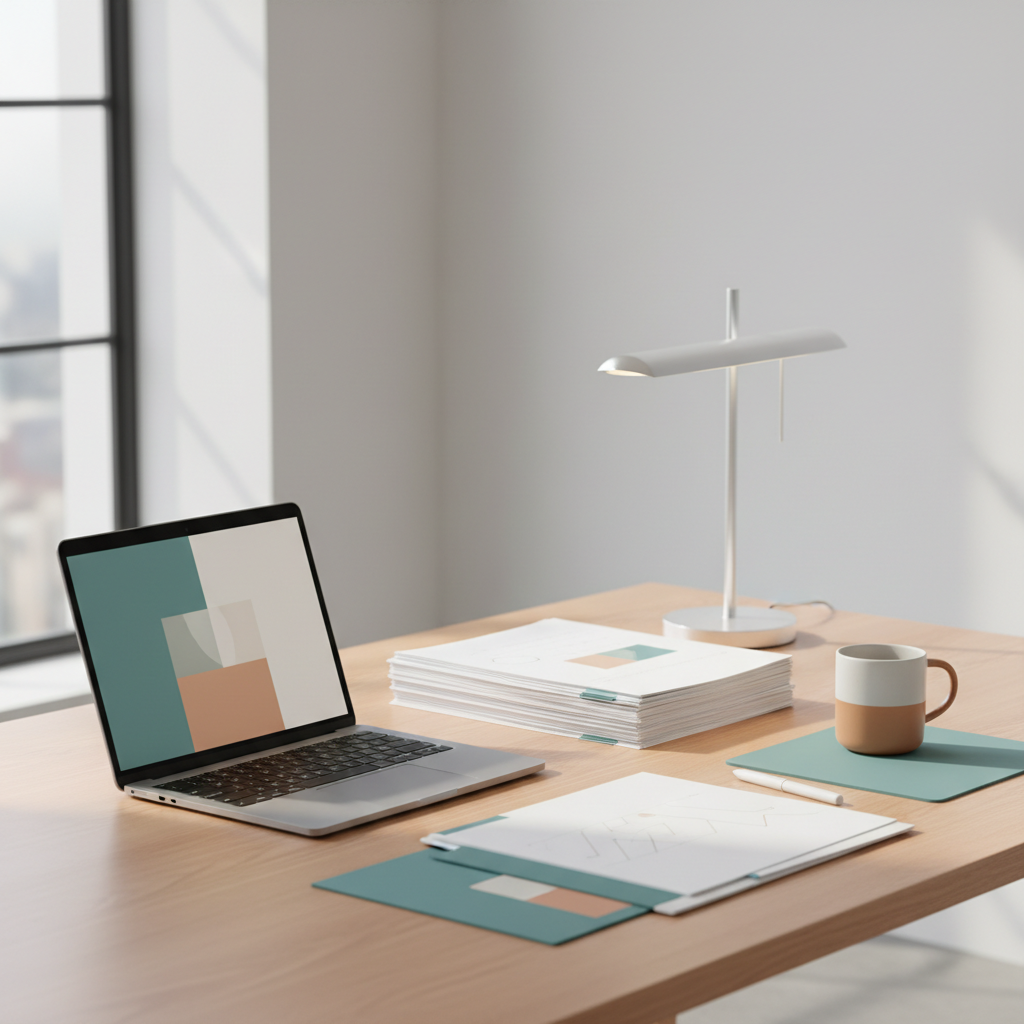 UAE small-business desk with a laptop showing VAT accounting software, invoices and a calculator