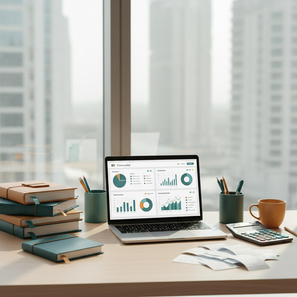 Dubai bookkeeping office desk with ledgers, a laptop showing a finance dashboard, receipts and a calculator in soft daylight