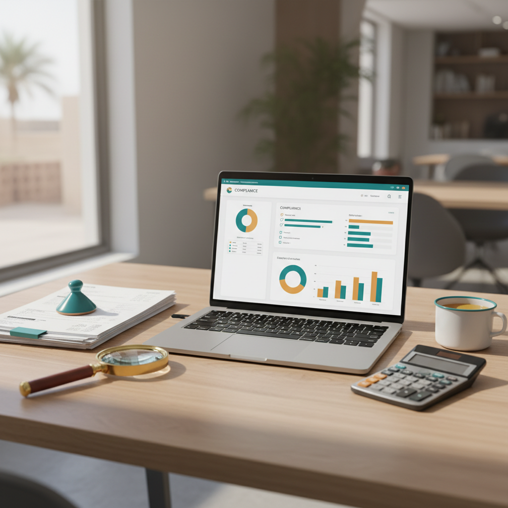 UAE office desk with a laptop showing a VAT compliance dashboard, invoices, and a calculator