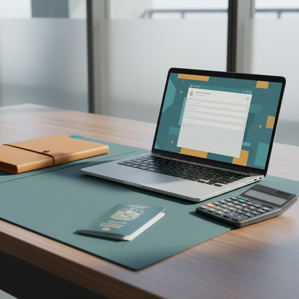 UAE office desk with a laptop showing a government tax portal form, a folder, passport and calculator