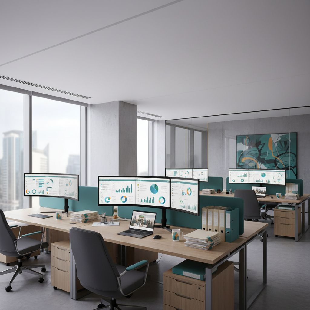 UAE accounting firm desk with multiple monitors showing client VAT dashboards and document folders