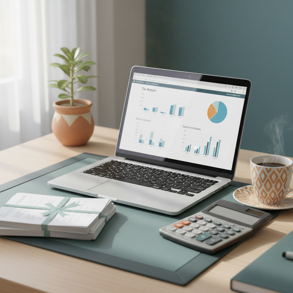 UAE office desk with a laptop showing a VAT return summary, invoices, and a calculator