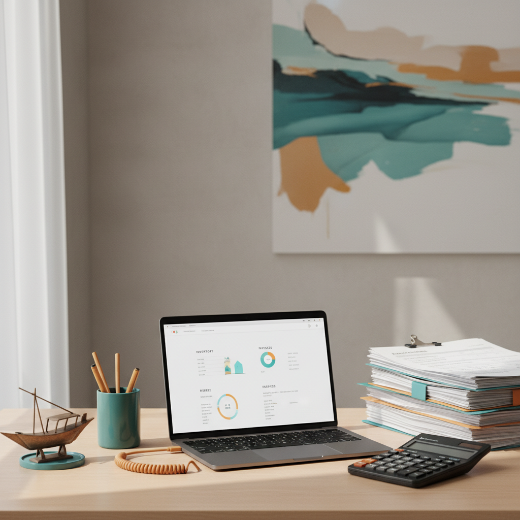 UAE trading company desk with a laptop showing invoices and VAT return software next to shipping documents